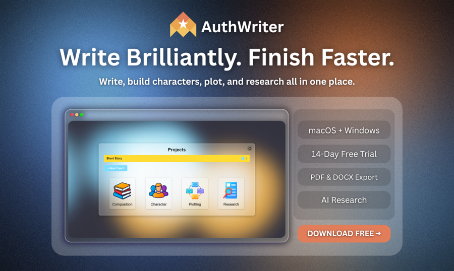 AuthWriter writing workspace showing the manuscript editor, character tools, and research panel
